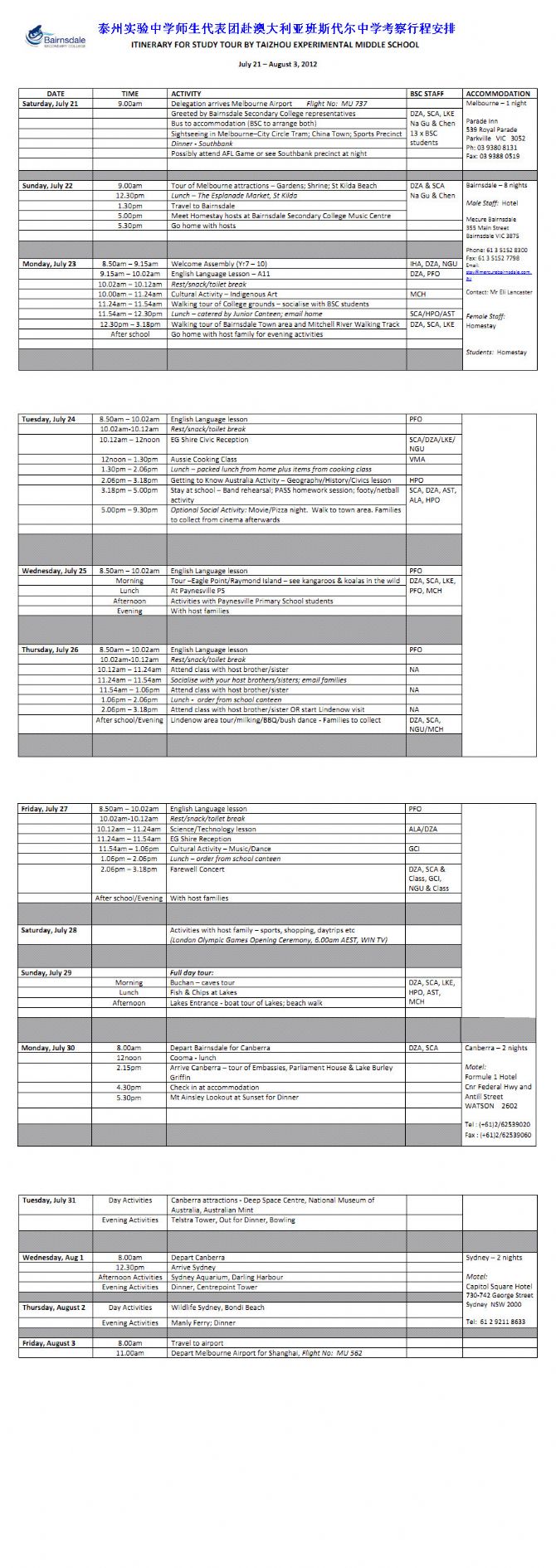 我校师生代表团赴澳大利亚班斯代尔中学考察行程安排