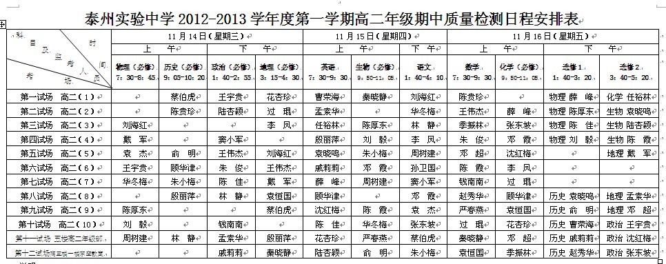 泰州实验中学2012-2013学年度第一学期高二年级期中质量检测日程安排表