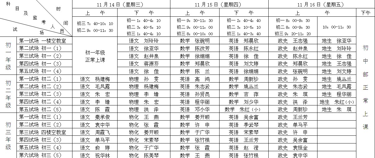 泰州实验中学2012-2013学年度第一学期初中部期中检测日程安排表 泰州实验中学2012-2013学年度第一学期初中部期中检测日程安排表